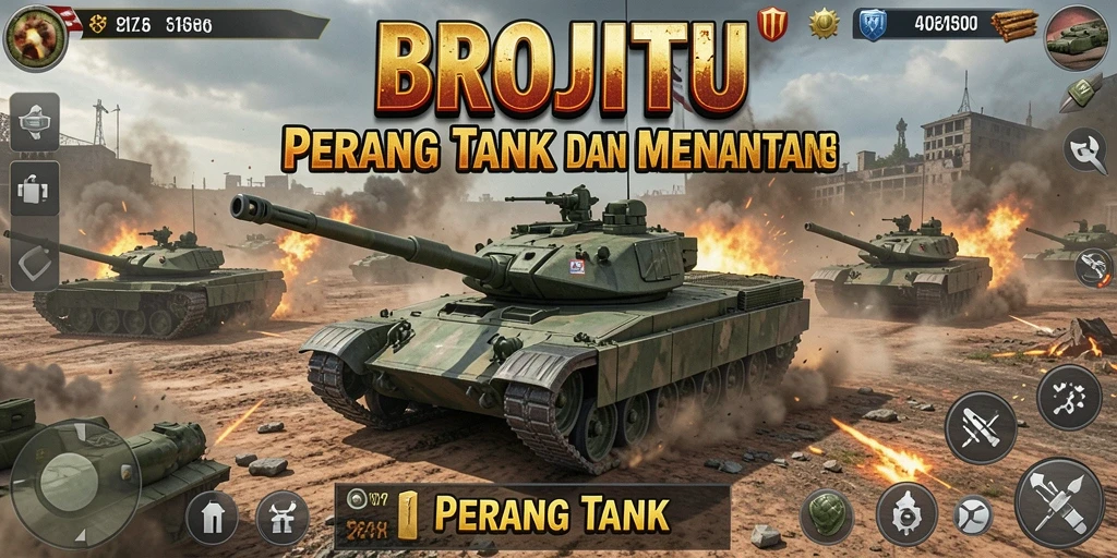 Tampilan antarmuka seru dari BROJITU dengan pertempuran tank.