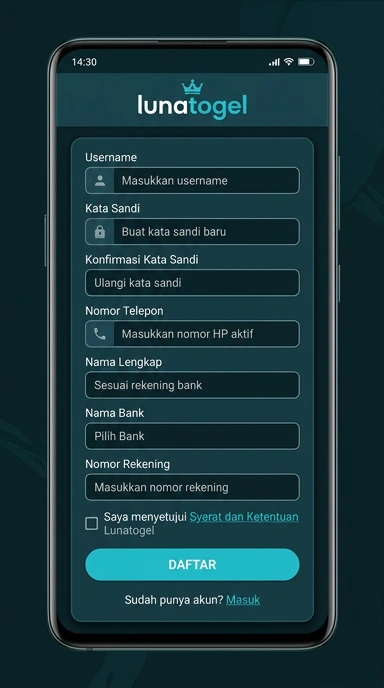 Tampilan halaman daftar lunatogel